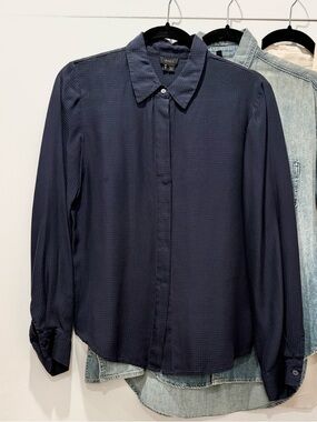 Theory Silk Button-Front Shirt Vince Polo Eileen Fisher Tory Burch Aritzia Jcrew